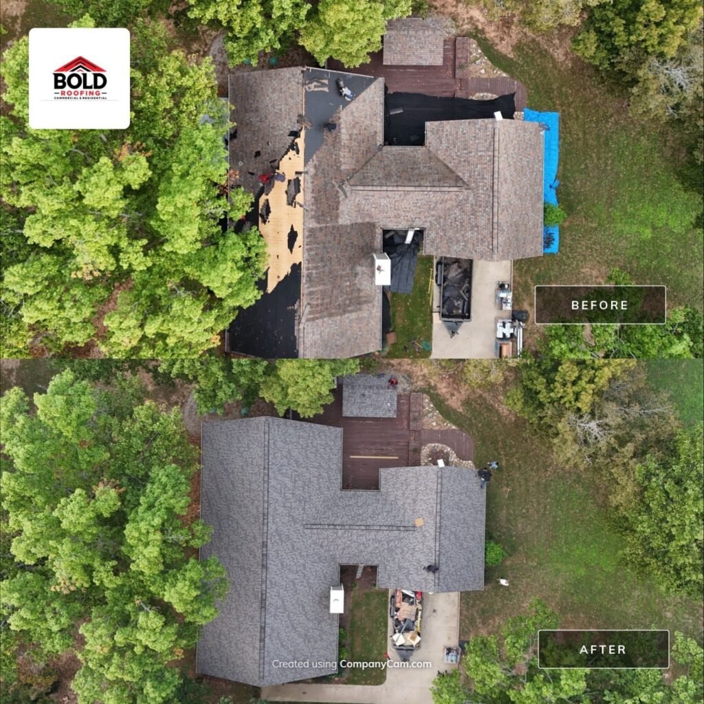 Before and after aerial of a hail-damaged roof replacement near Branson West and Kimberling City, Missouri