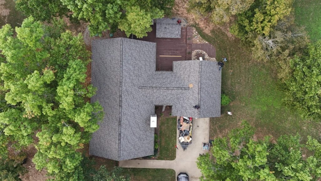 Completed CertainTeed Landmark Weathered Wood roof near Branson West, Missouri