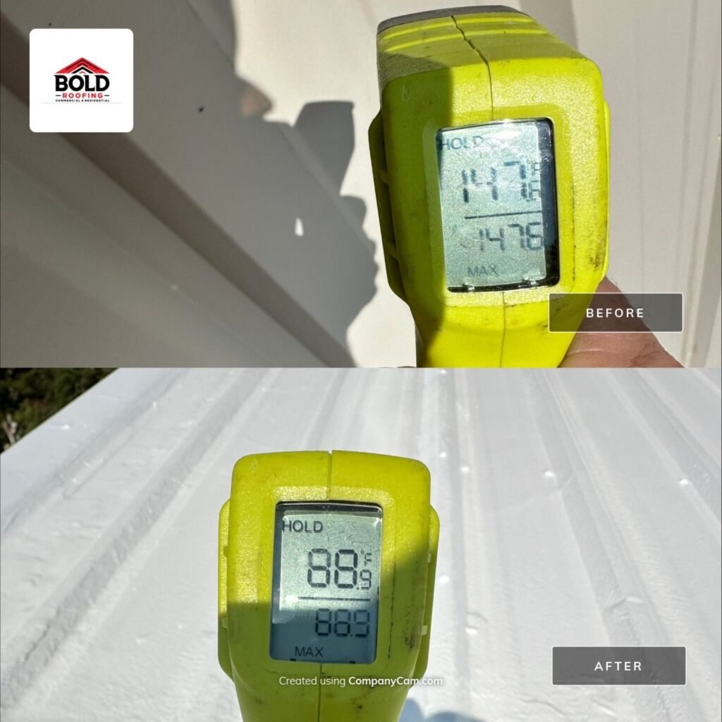 Infrared thermometer reading 147°F on the uncoated metal roof and 88.9°F on the reflective coated roof