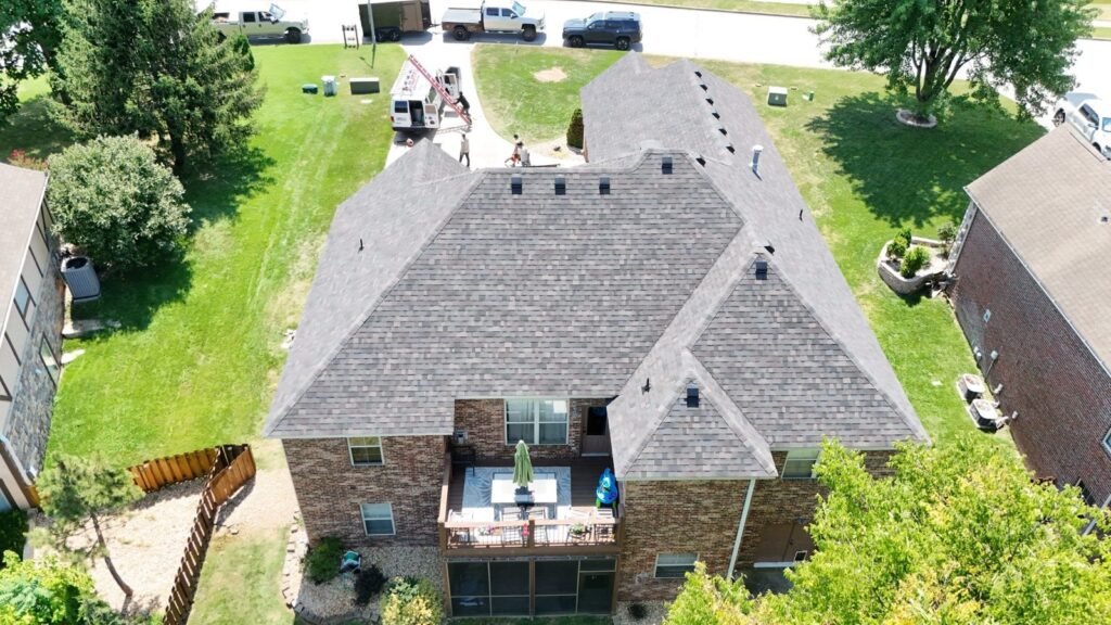 Owens Corning Duration Black Sable roof on a Nixa, MO home, drone view