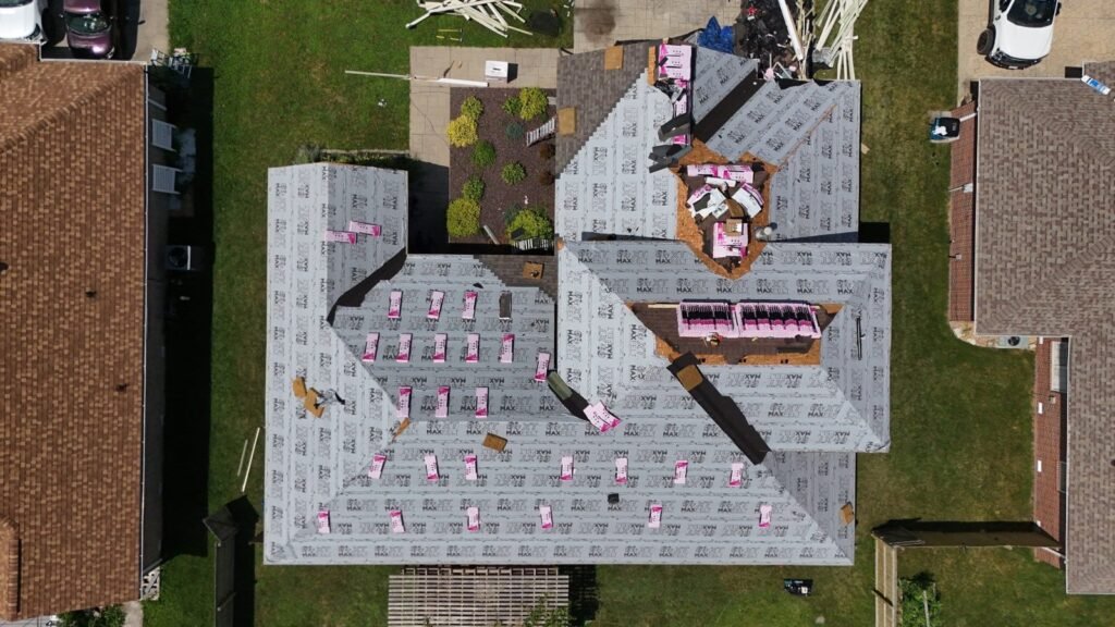 Drone view of synthetic underlayment installed during a Republic, MO roof replacement